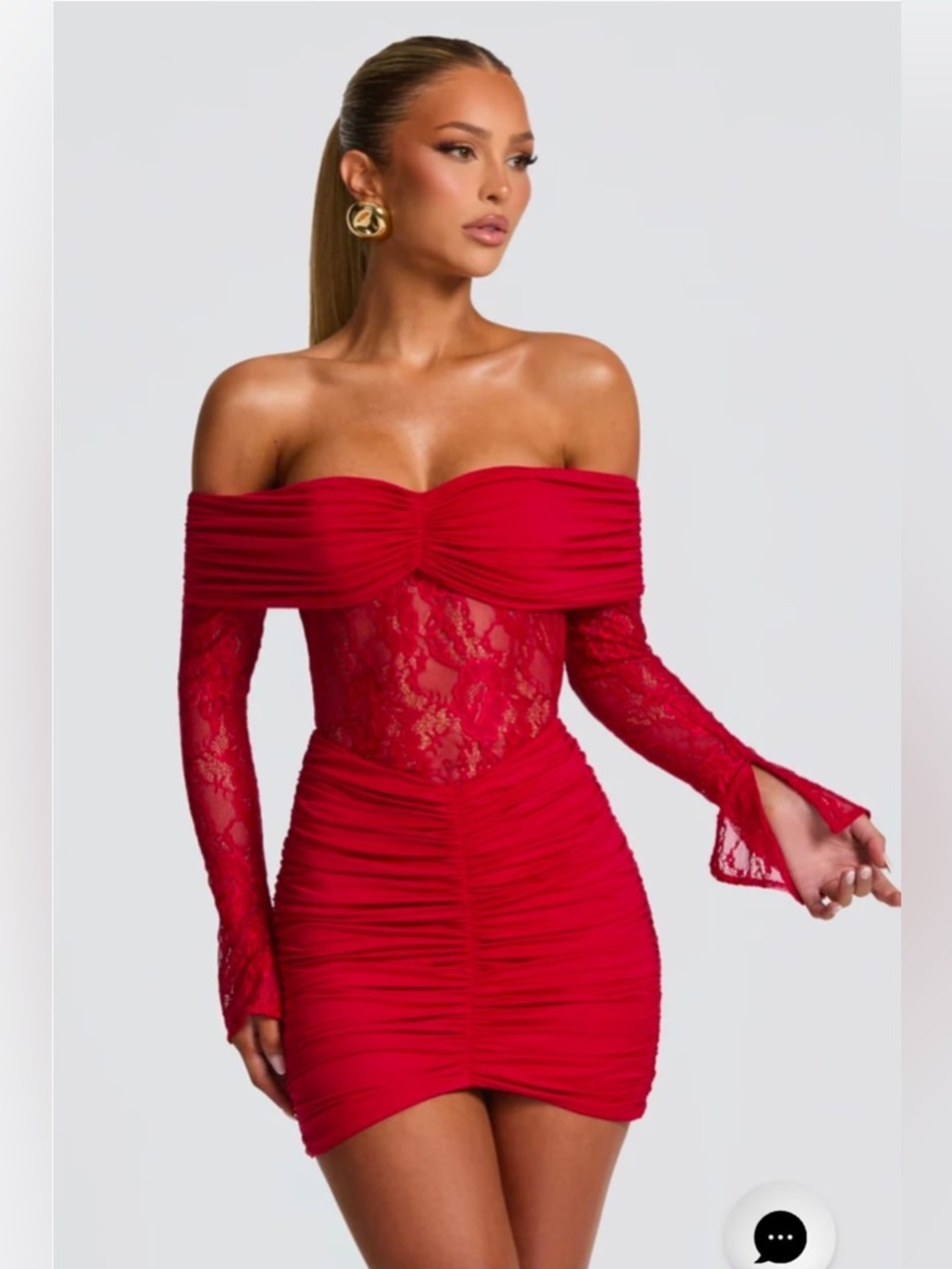 Off-Shoulder Red Lace Ruched Mini Dress with Long Sleeves